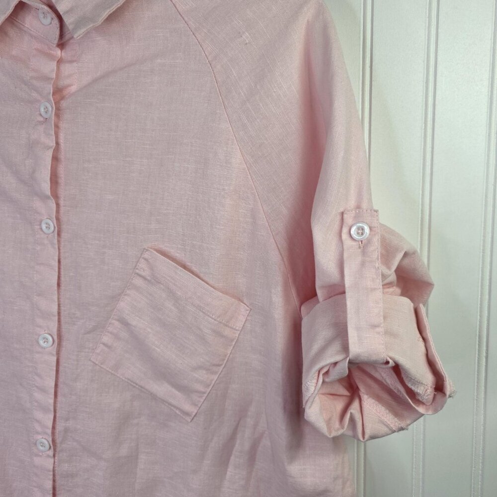 Linen Blend Tunic Shirt Womens Large Pink Button Front Roll Tab Relaxed Fit Boho - Picture 4 of 12
